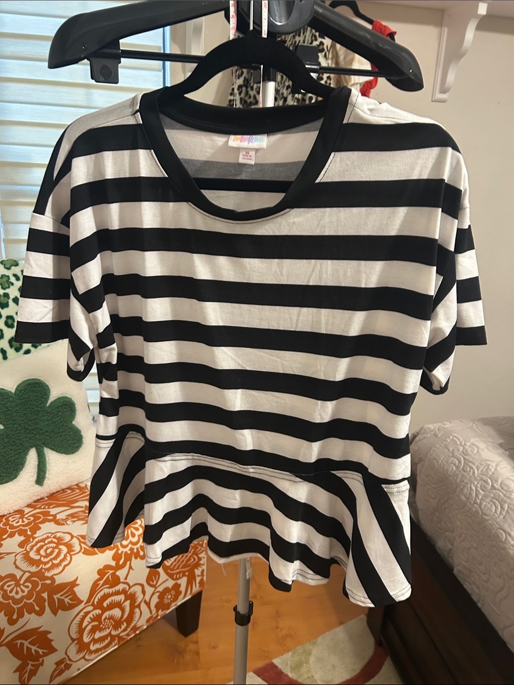 LuLaRoe June Peplum Black & White Striped Top